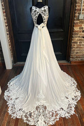 White Cowl Neck Cutout Back Lace-Trimmed Long Wedding Dress